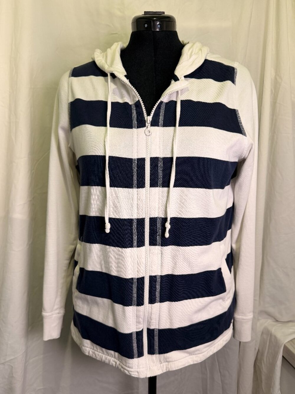 Tommy Bahama Full Zip Hoodie Large Navy White Striped Pima Cotton Coastal Women